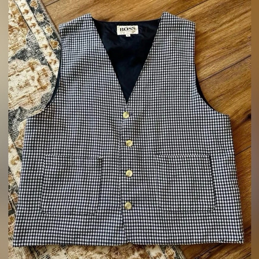 Vintage Men’s Boss America Hugo Boss Navy Blue & White Gingham Lined Suit Vest
